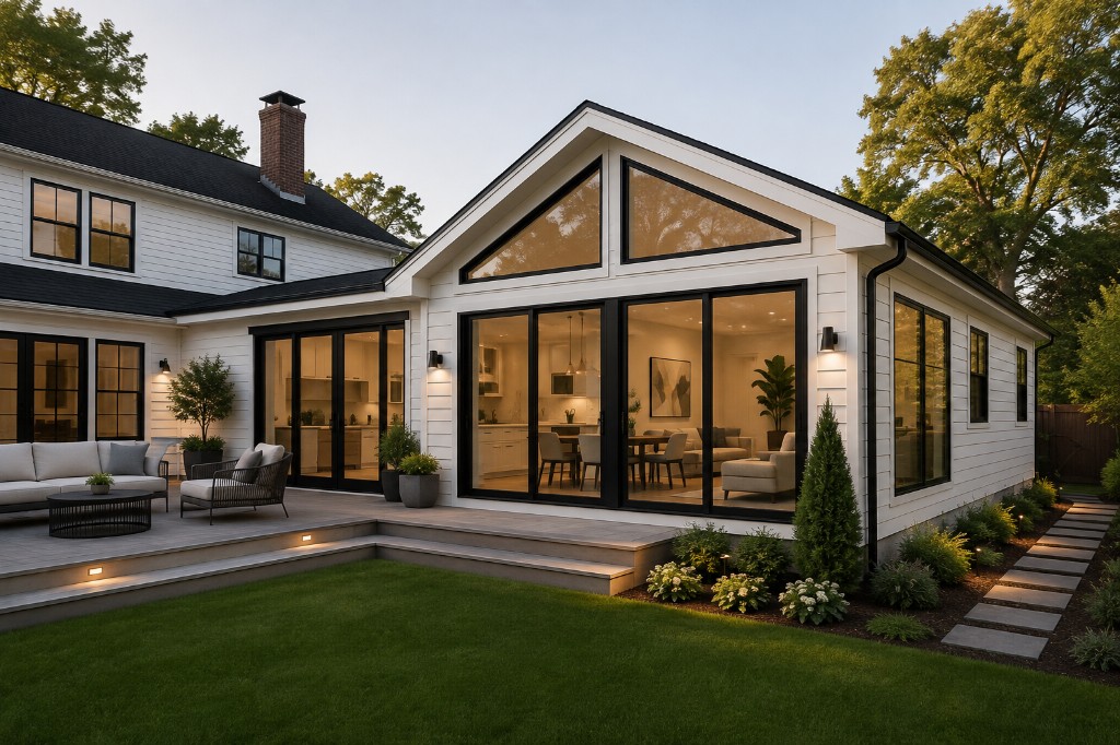 Gabled rear addition with glass walls opening onto a deck at dusk.