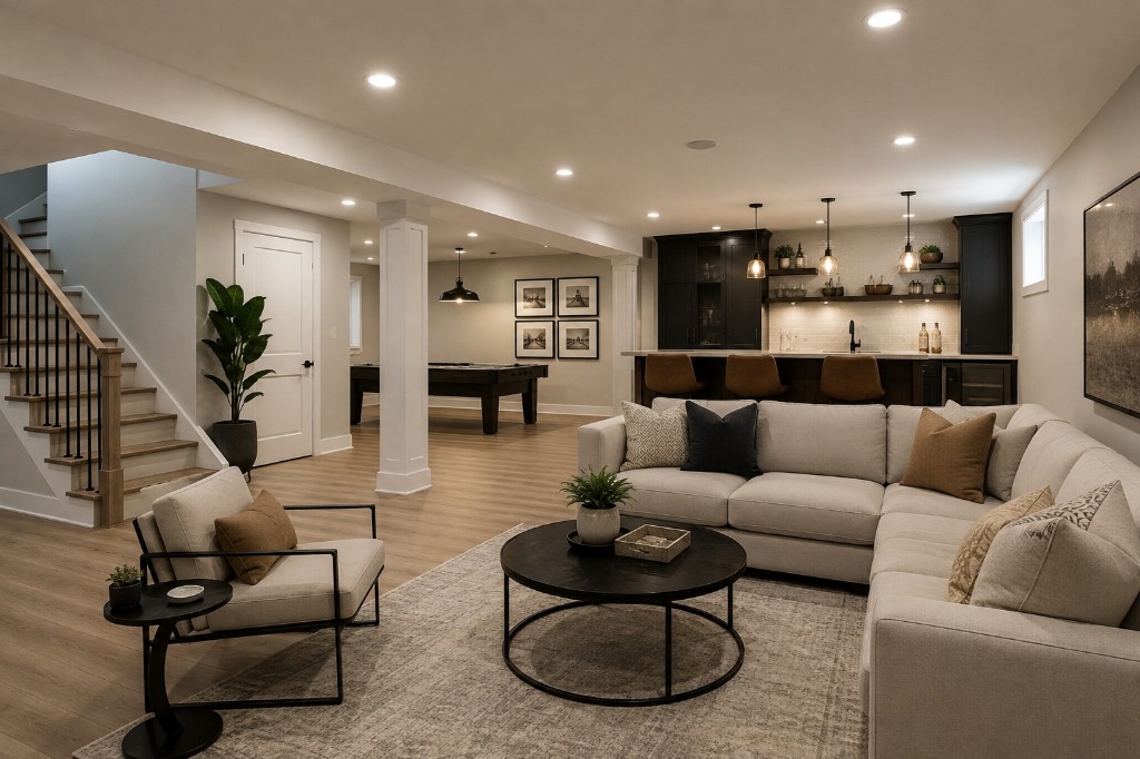 Finished basement with lounge seating, a wet bar, and a billiards area.