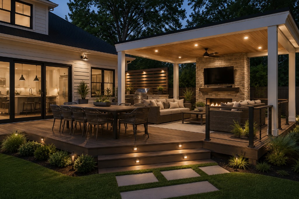 Twilight deck and covered outdoor living room with dining, lounge, and fireplace.