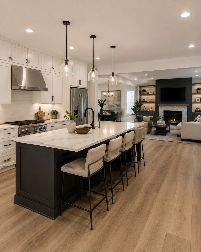 Open kitchen and living renovation with an island, dining, and fireplace wall.